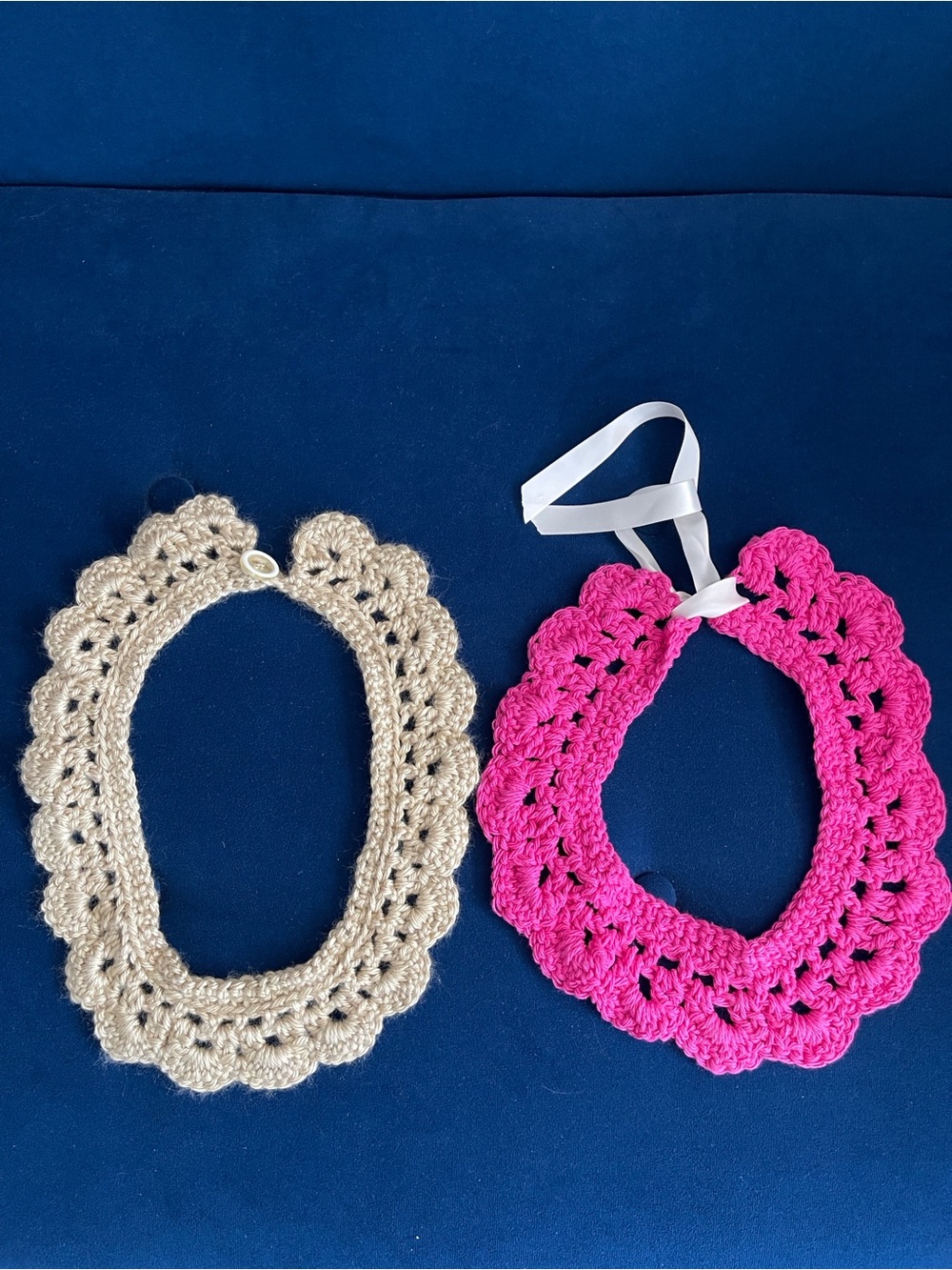 Vintage Handmade Crochet Collar Set in pink and a light Beige